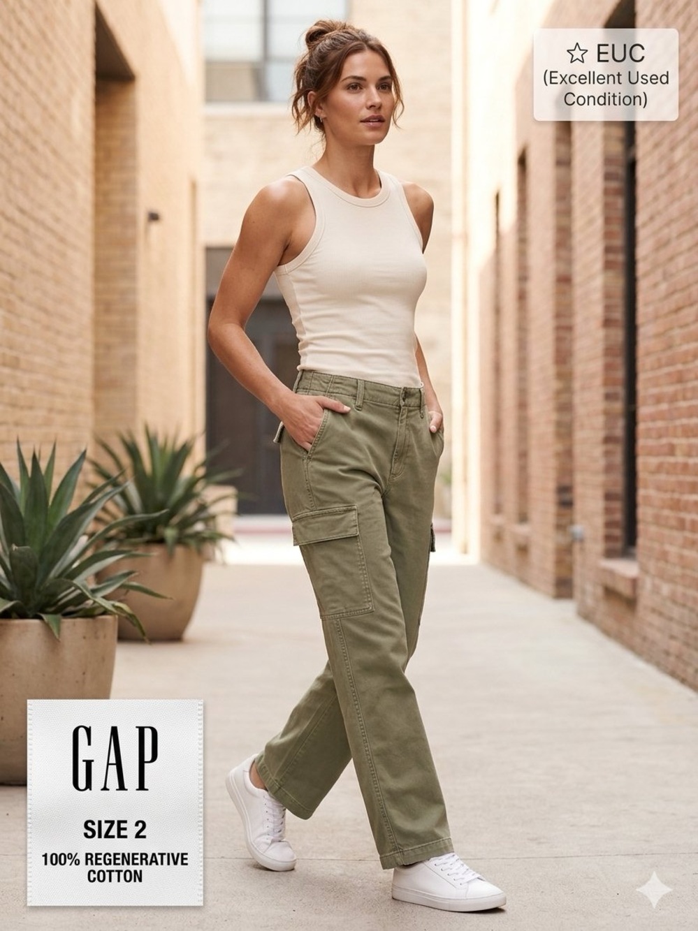 GAP Loose Khaki Cargo Pants Olive Green Size 2 Sustainable Cotton EUC
